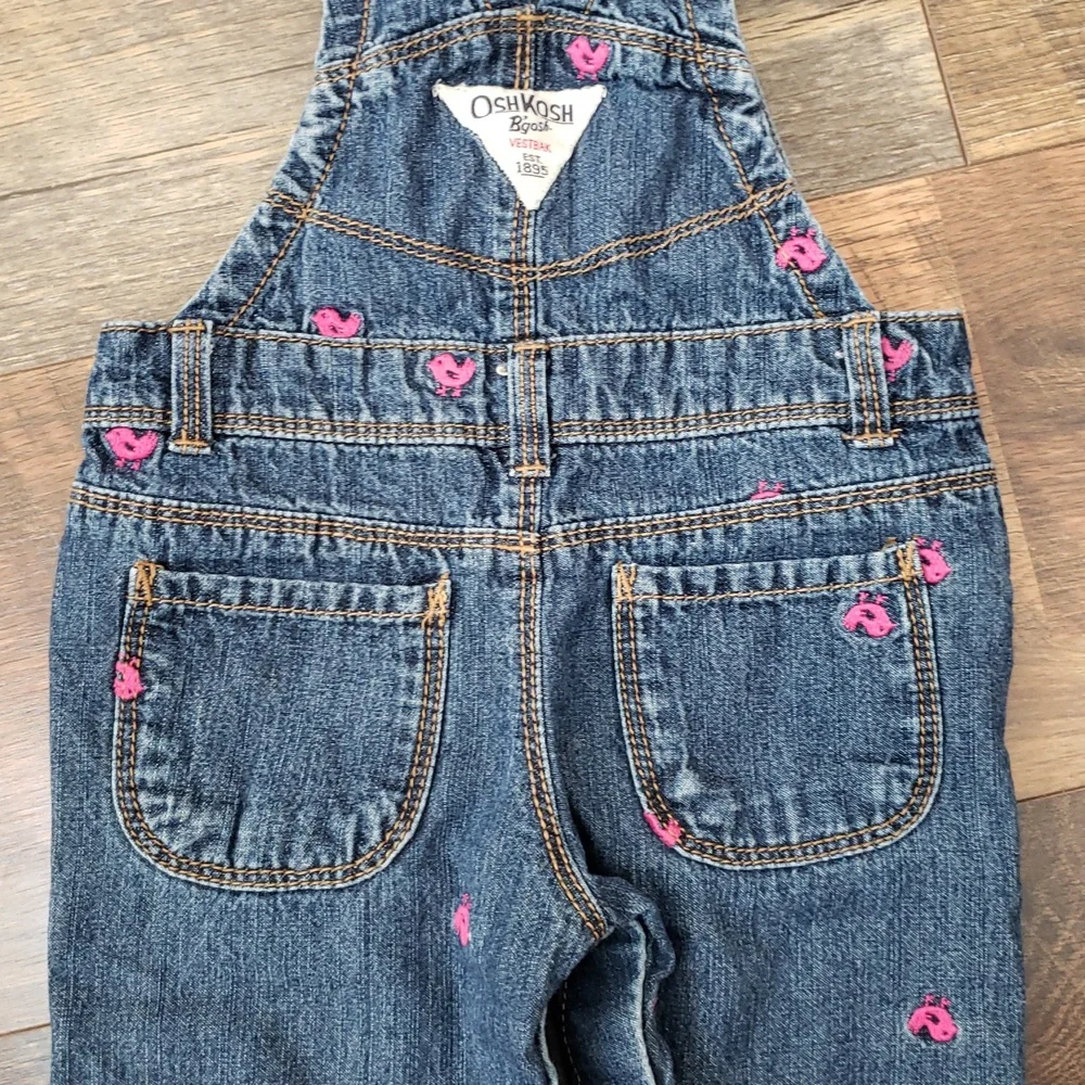 Oshkosh B'gosh Blue Jean Overalls With Pink Embroidered Birds, Size 9 Months